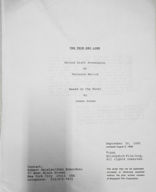 Terrence Malick - THE THIN RED LINE SCREENPLAY - SECOND DRAFT 1996. VERY RARE.