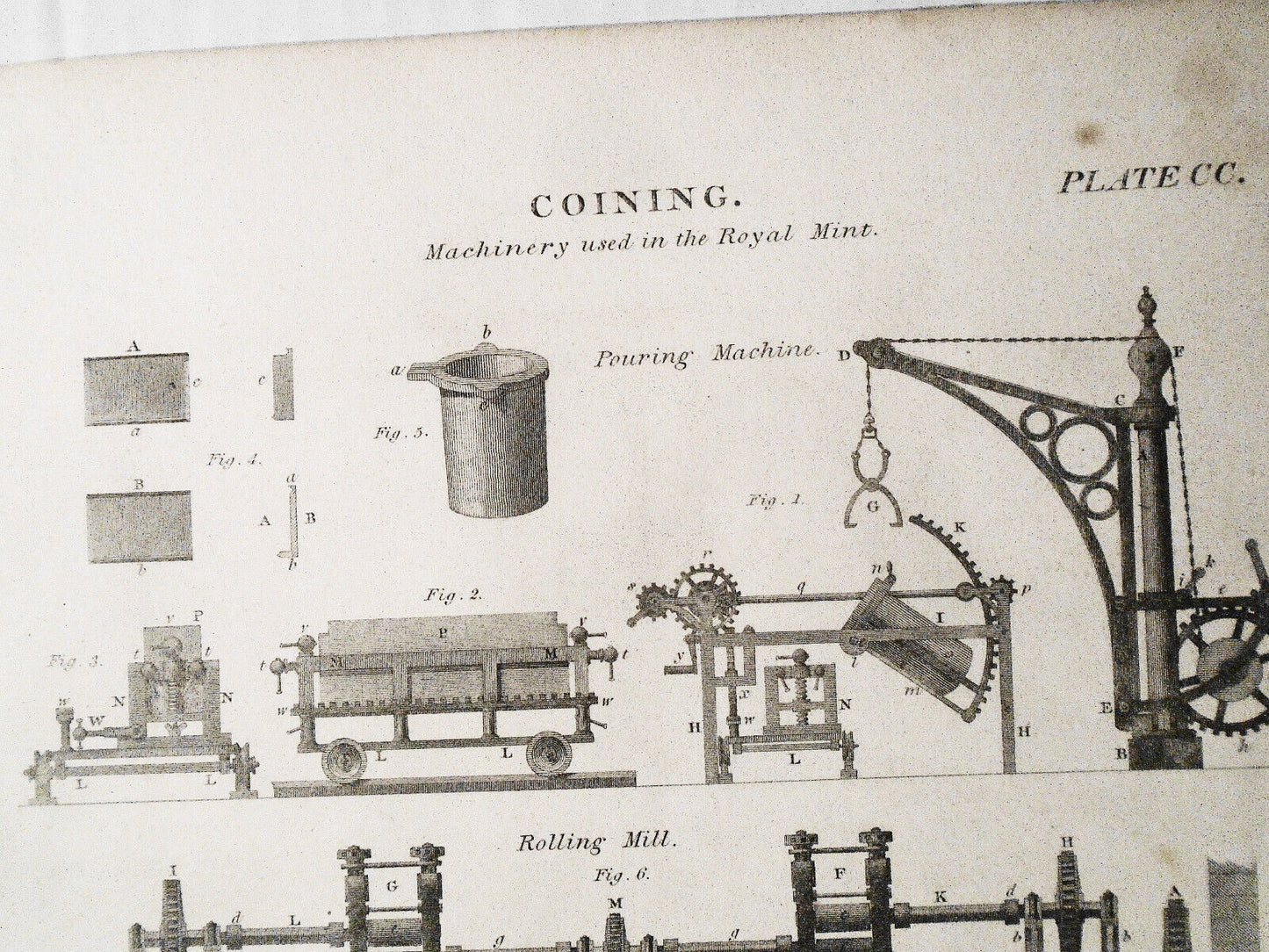 1832 Coining - Machinery used in the Royal Mint -  Drawn by J. Farey. Original.