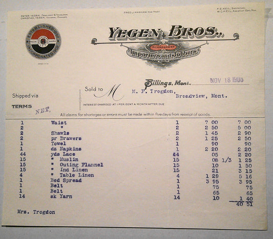 1909 Yegen Bros., Importers and Jobbers, Billings, MT -  Billhead, for Linen...