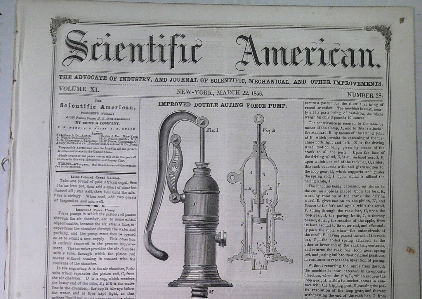 Scientific American, March 22, 1856. Measuring falling water; smoking cigars etc