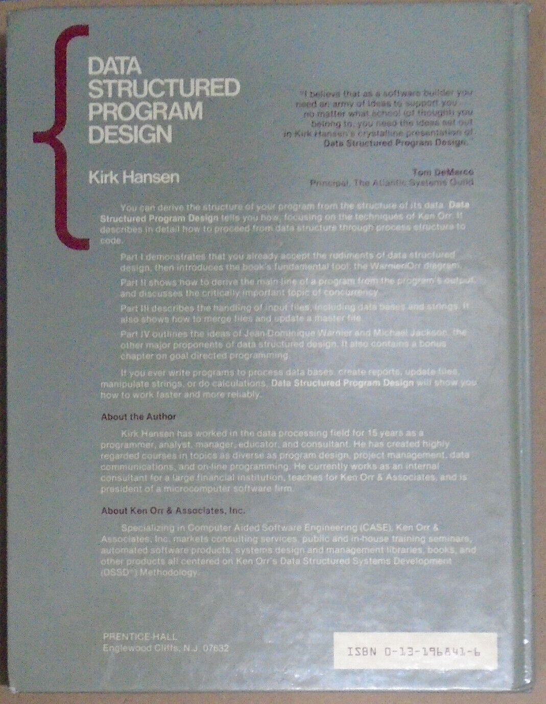 Data structured program design, by Kirk Hansen. 1986 First edition. Hardcover.