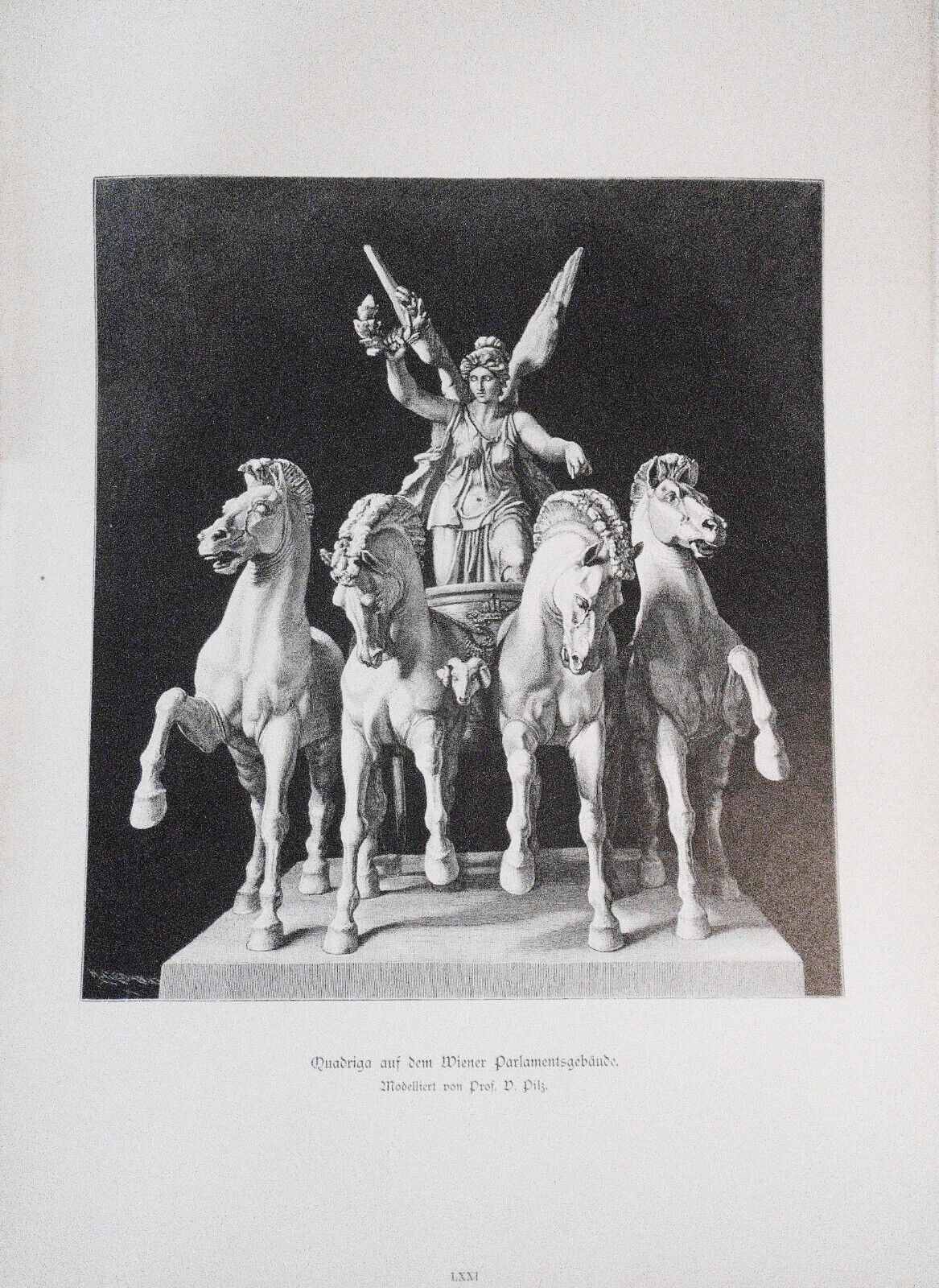 Quadriga auf dem Wiener Parlamentsgebäude, by V. Pilz  --  1886 - antique print