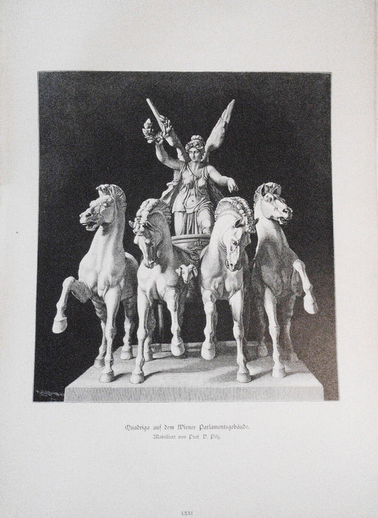 Quadriga auf dem Wiener Parlamentsgebäude, by V. Pilz  --  1886 - antique print