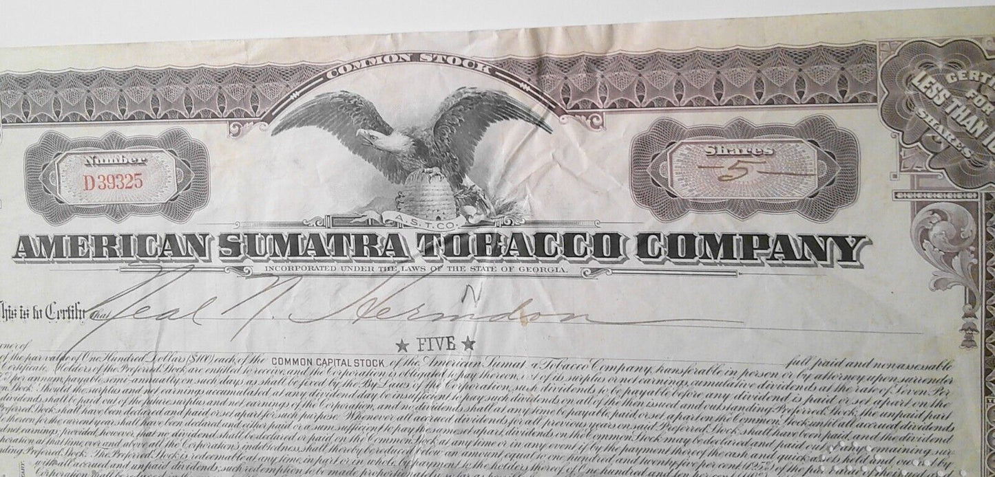 1922 American  Sumaytra Tobacco Company Stock Certificate - Five shares