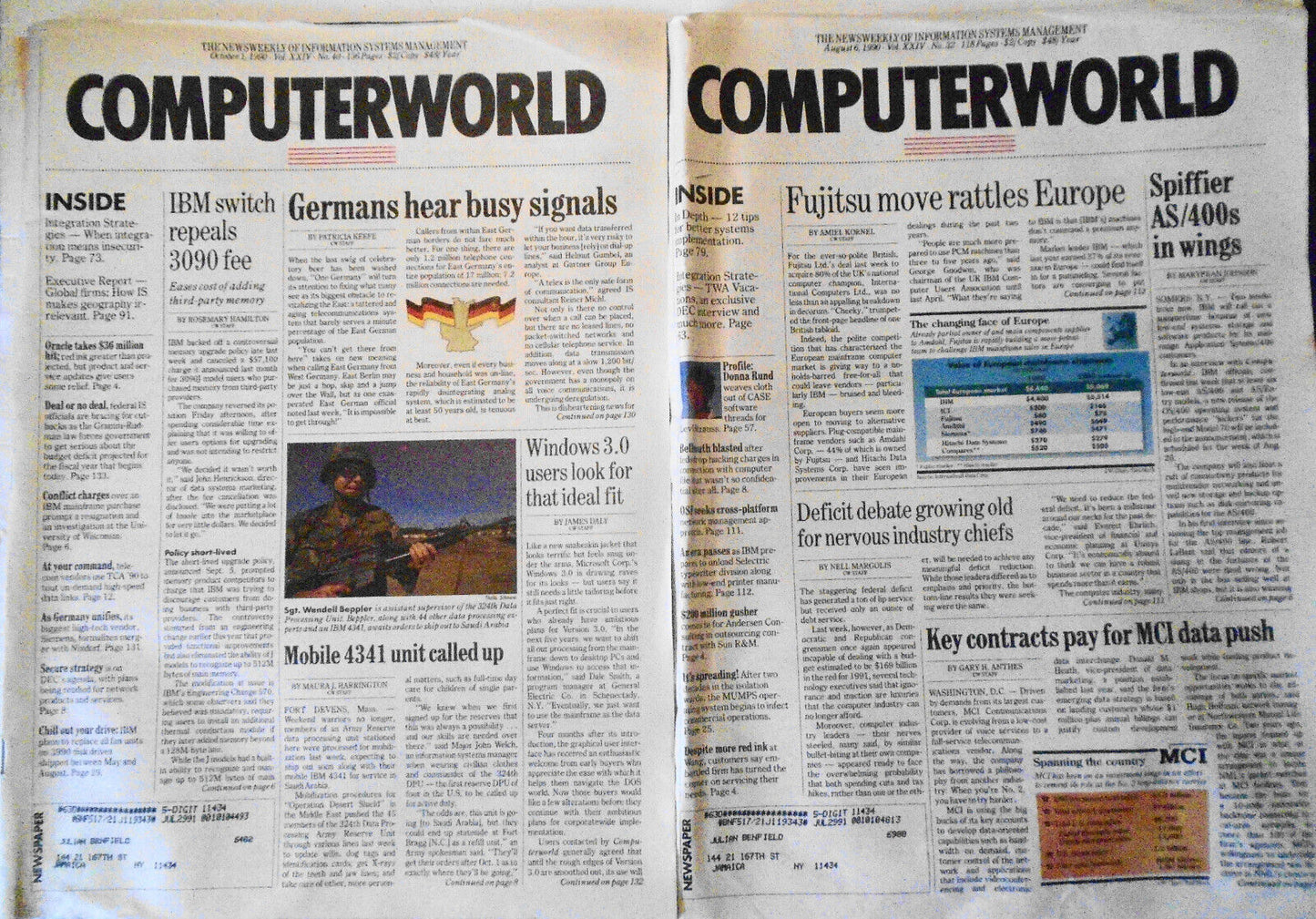 Computerworld Magazine :  lot of 2 issues, August 6, & October 2, 1990