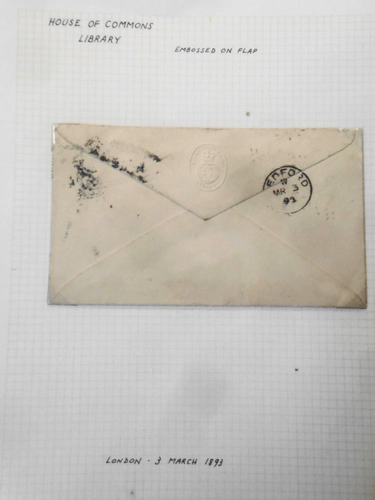 1893 House of Commons Library seal - embossed on flap of postal cover