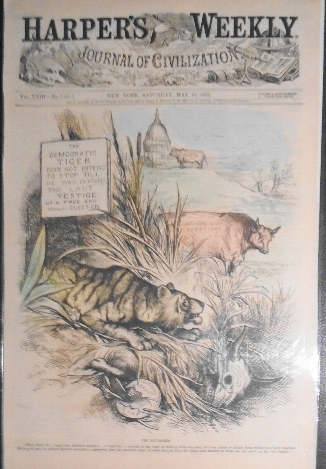 [Election fraud] The Bulldozer, by Thomas Nast - Harper's W 1879 Hand-colored