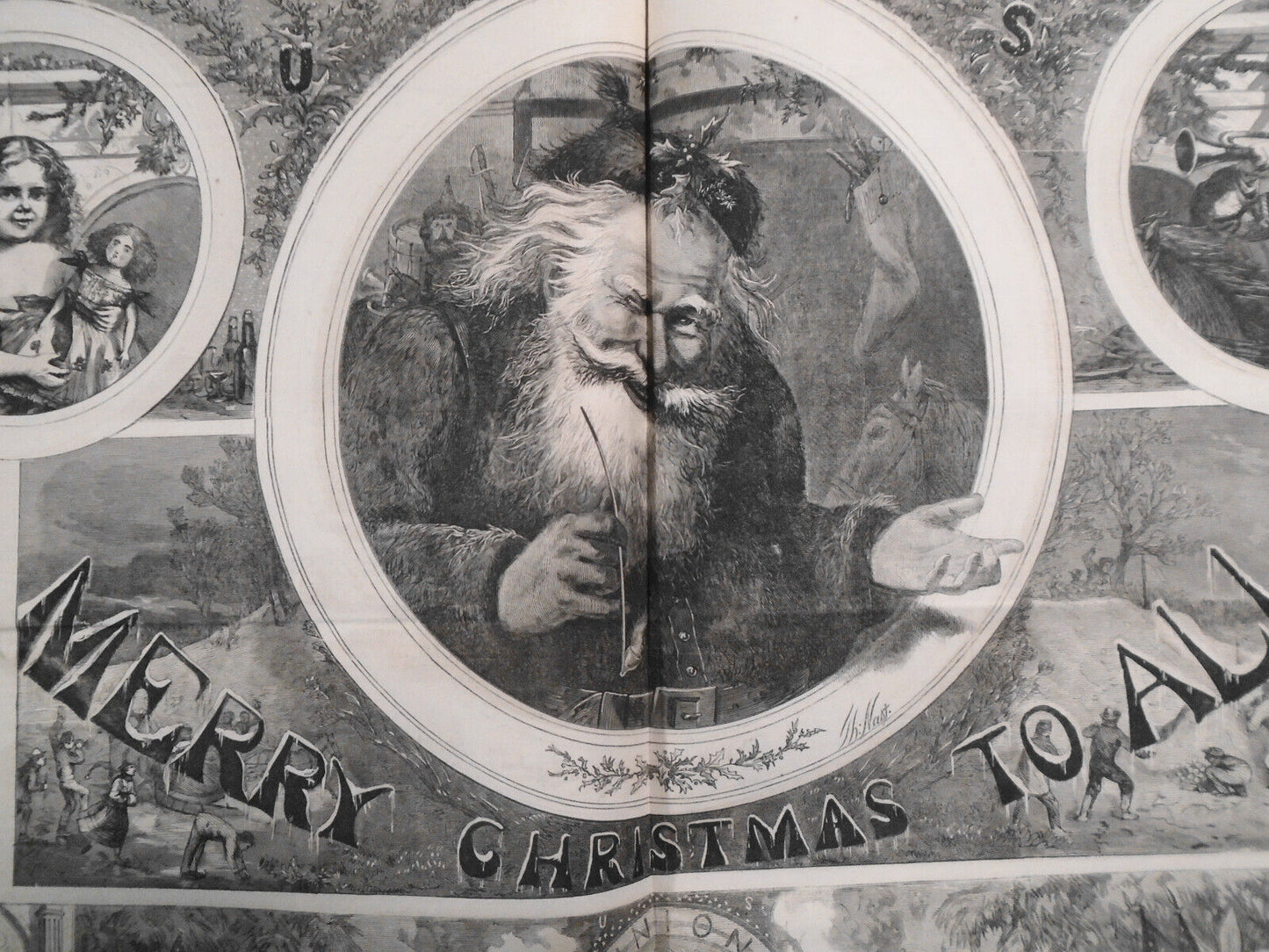 1865 Civil War Harper's Weekly "Merry Christmas To All" - Nast Double page print