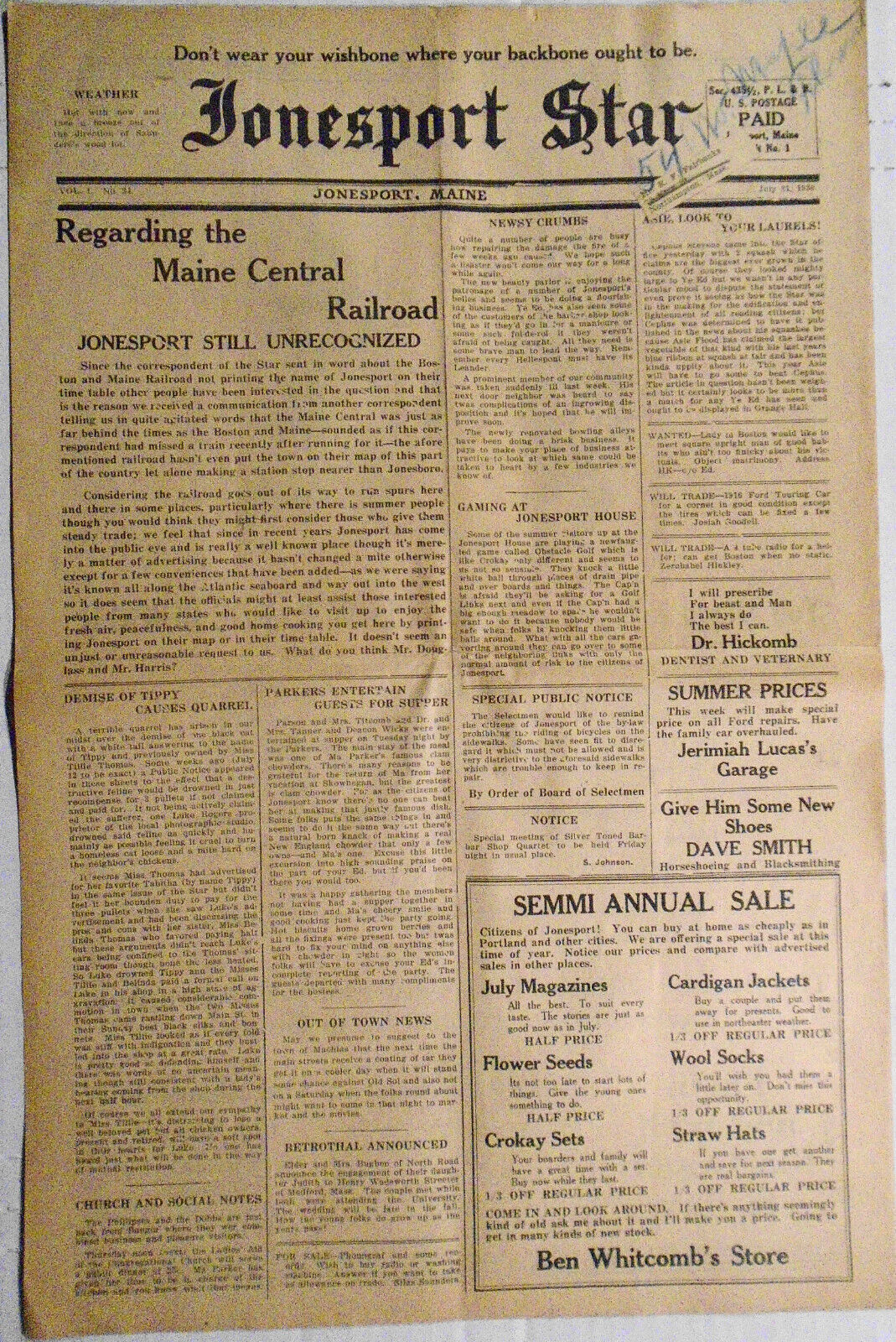 Jonesport Star, July 31, 1930 -  Jonesport Still Unrecognized by Maine Railroad