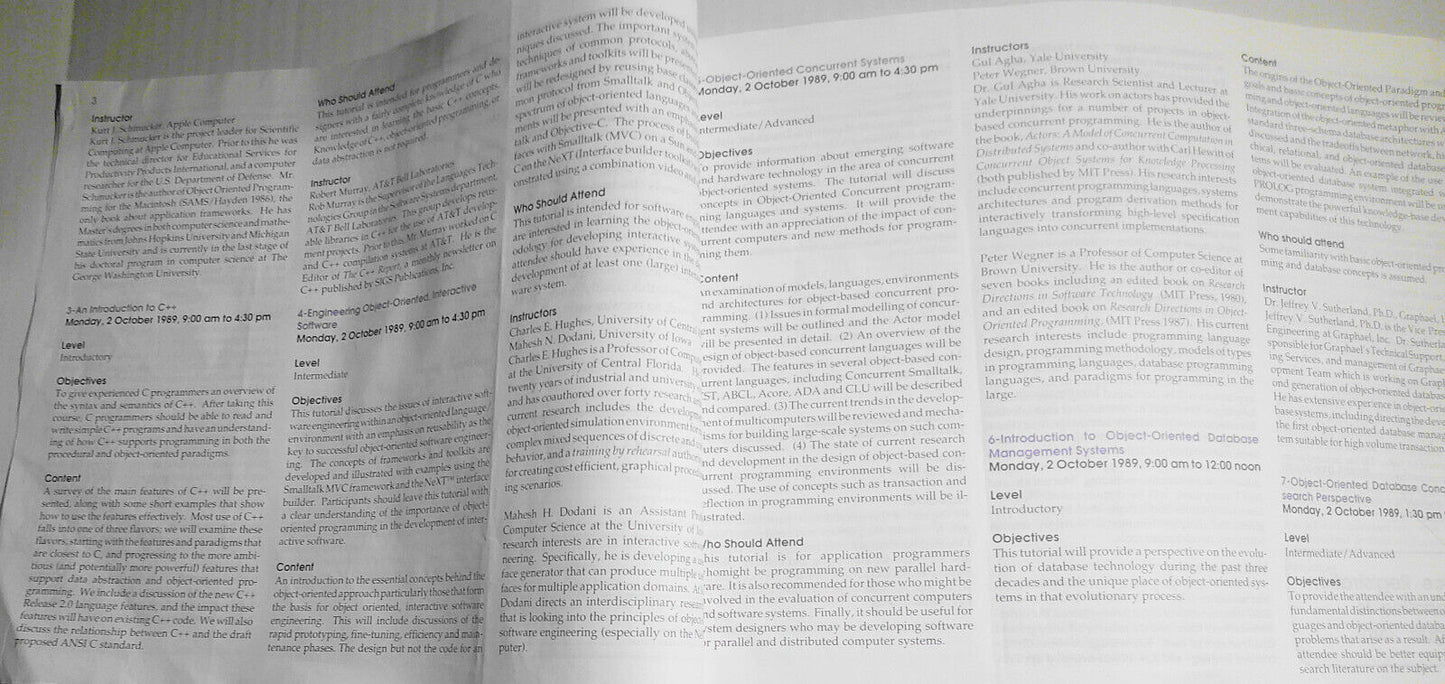 OOPSLA '89 4th Annual Conference on Object Oriented Programming. Advance program