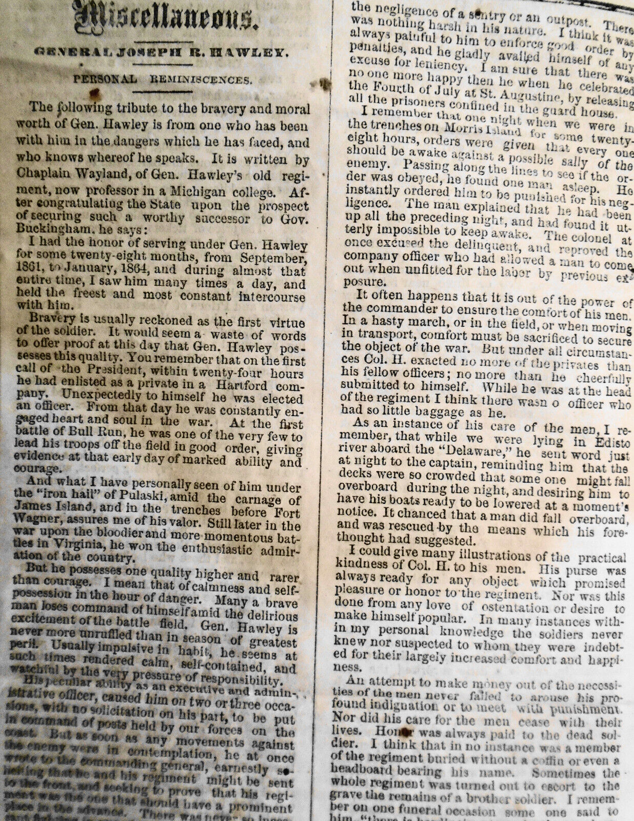 1866 - General Joseph Hawley tribute - in Supplement To The Connecticut Courant