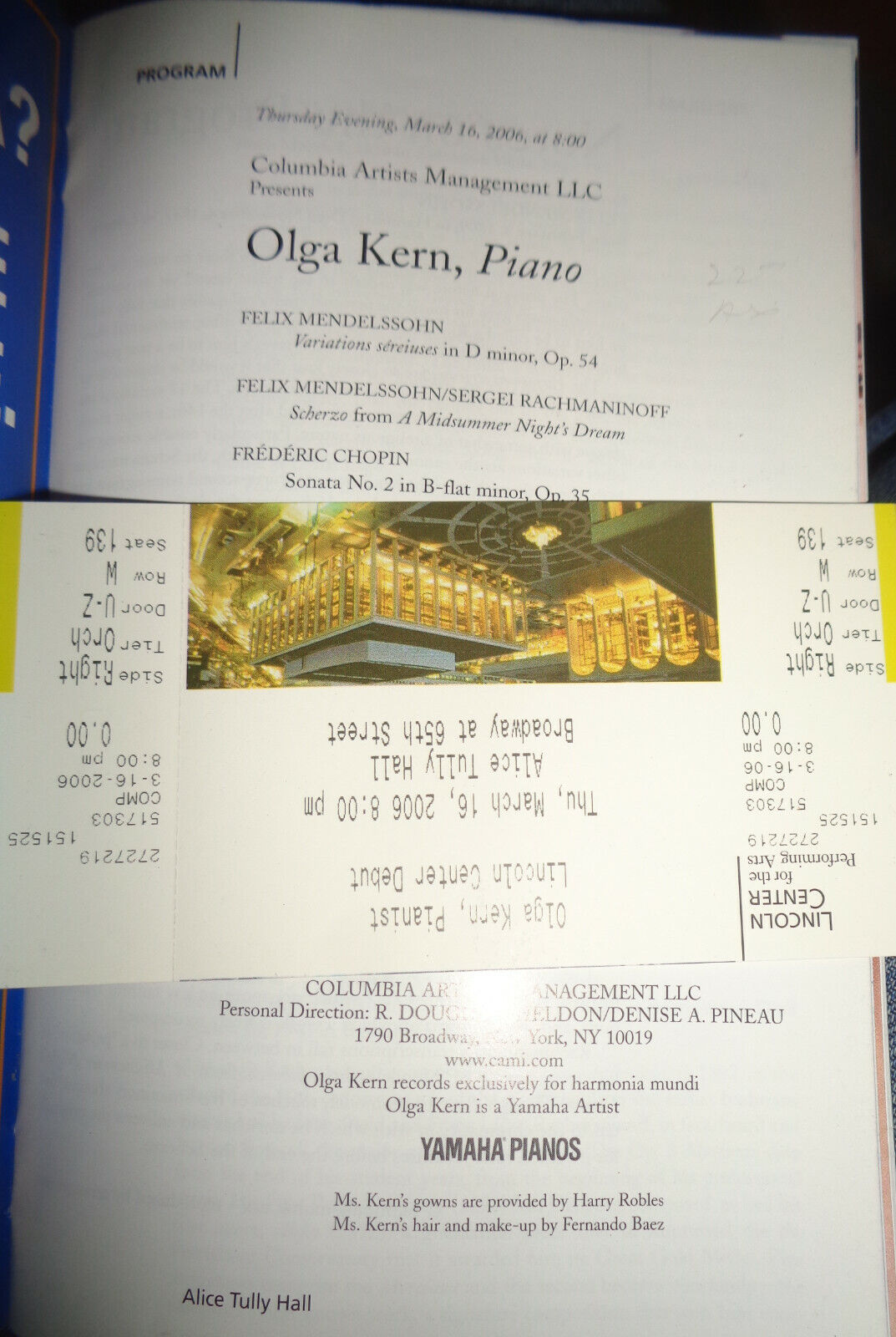 OLGA KERN, PIANO - PLAYBILL - MARCH 16, 2006. Lincoln Center. With ticket