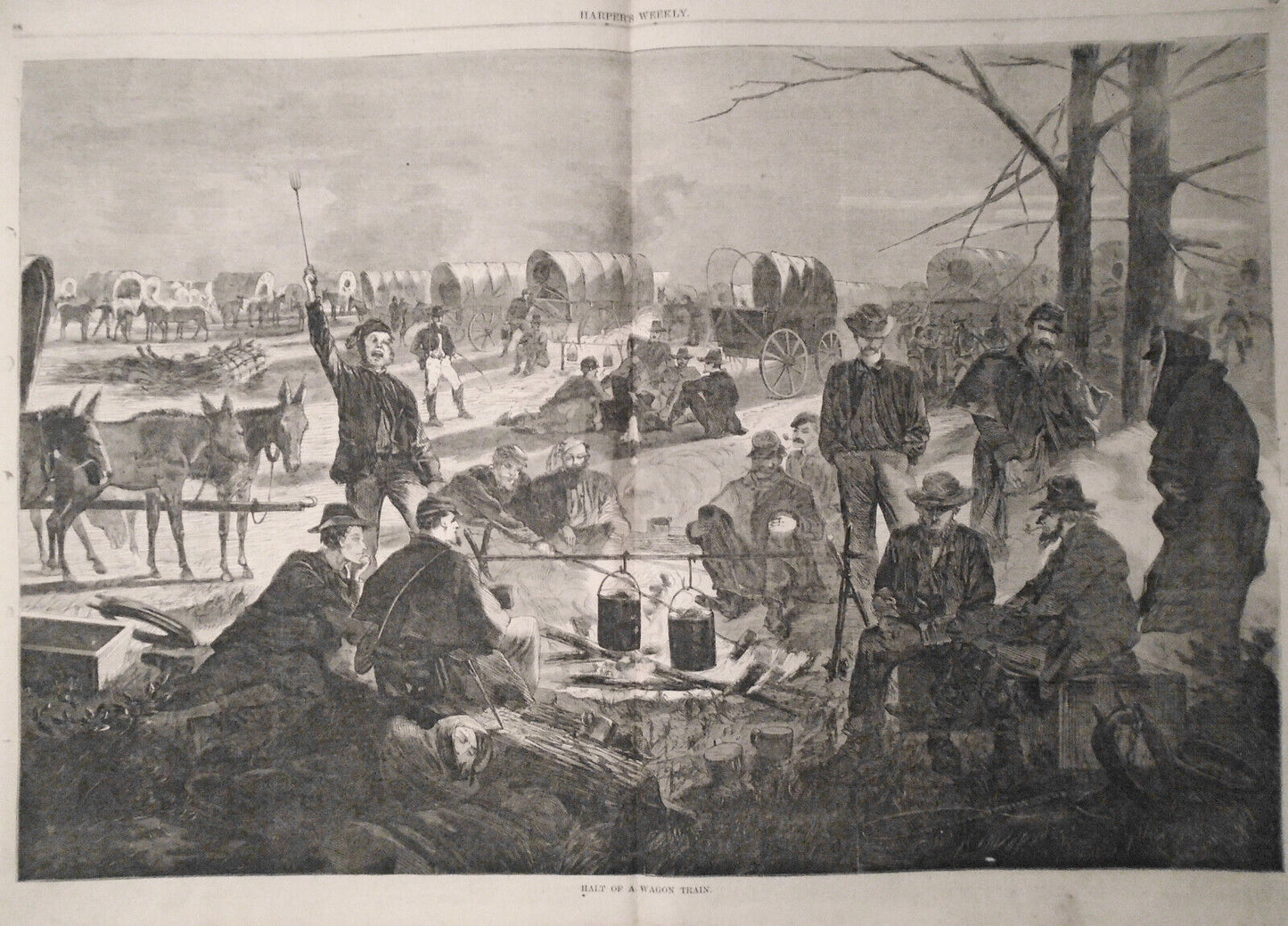 Harper's Weekly February 6, 1864.  Halt Of Wagon Train- Winslow Homer, Civil War