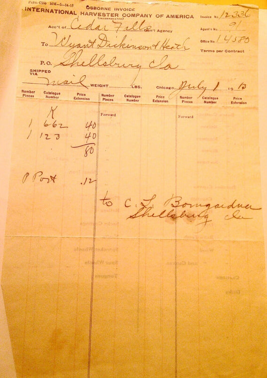 1913 International Harvester Company of America Osborne Invoice