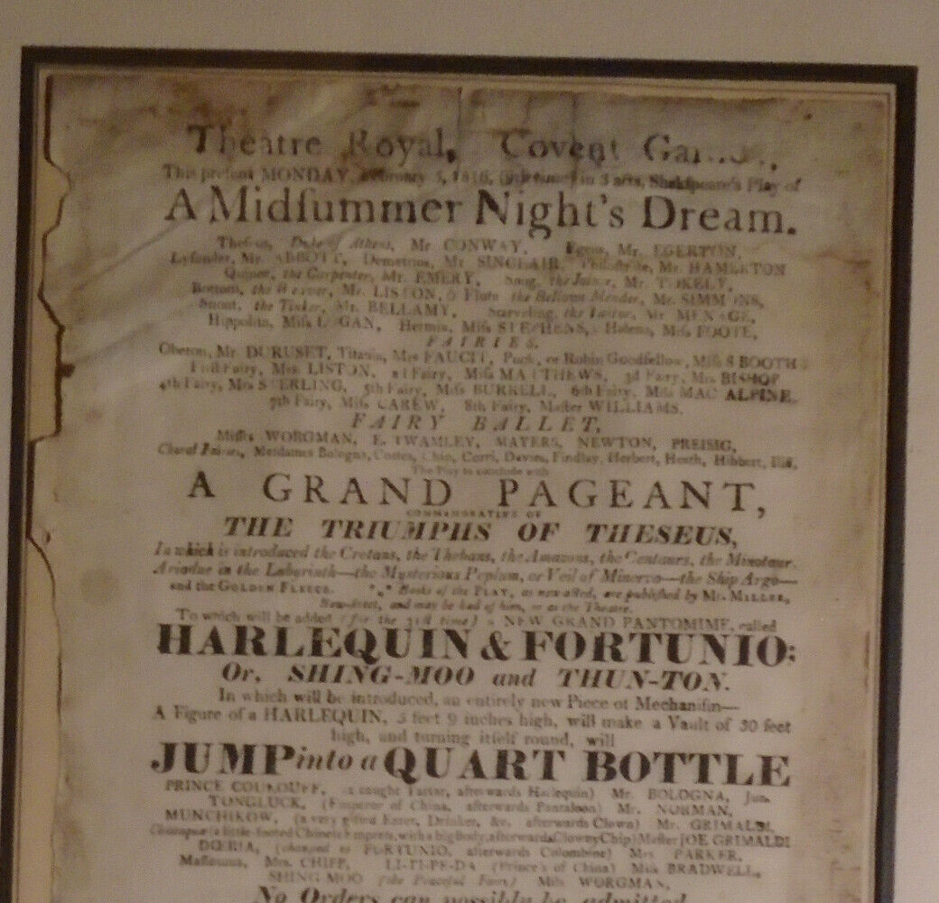 1816 A Midsummer Night's Dream -Shakespeare Playbill Theatre Royal Covent Garden
