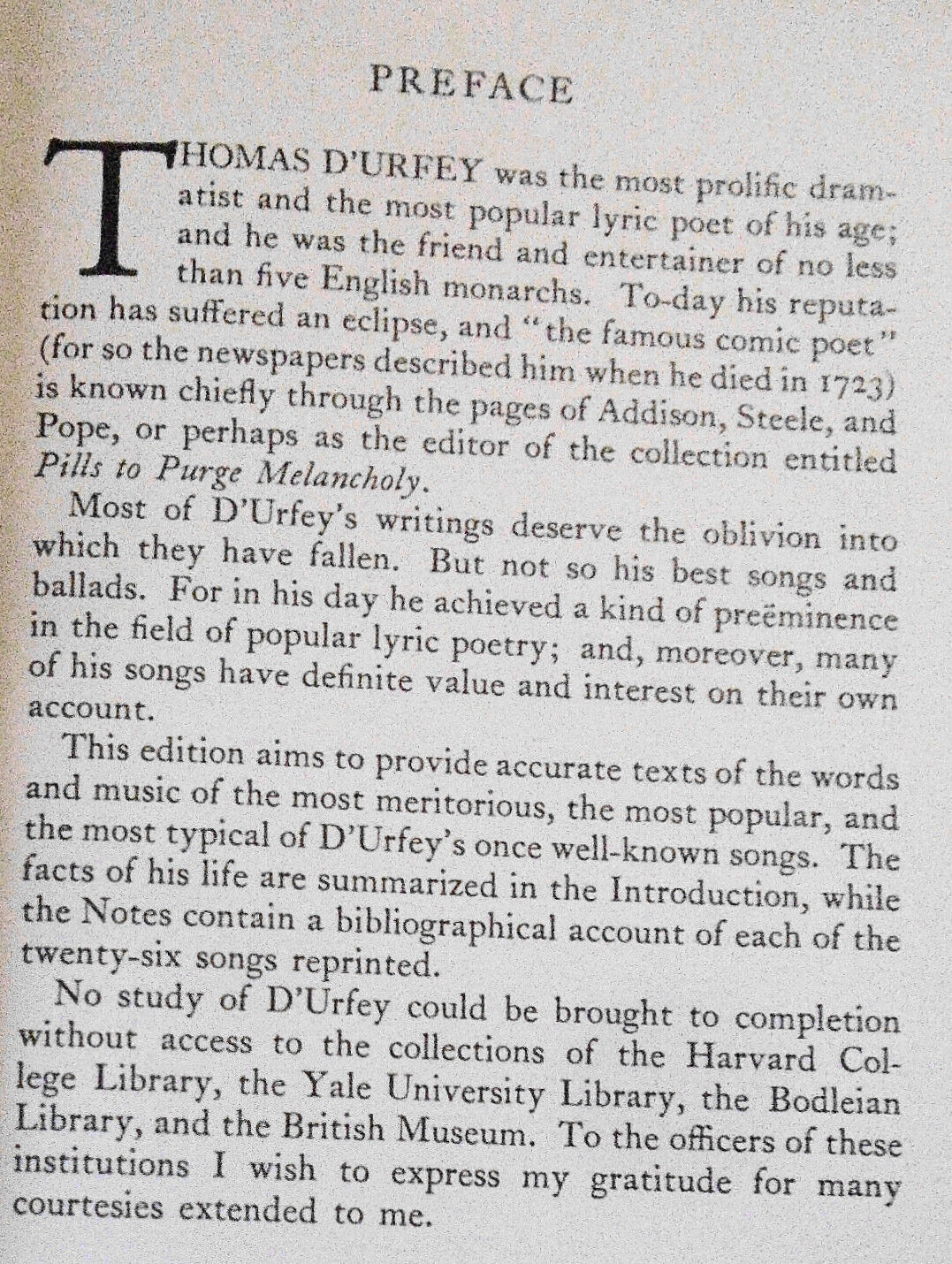 The Songs of Thomas D'Urfey, by Cyrus Lawrence Day. 1933 Hardcover. [Provenance]