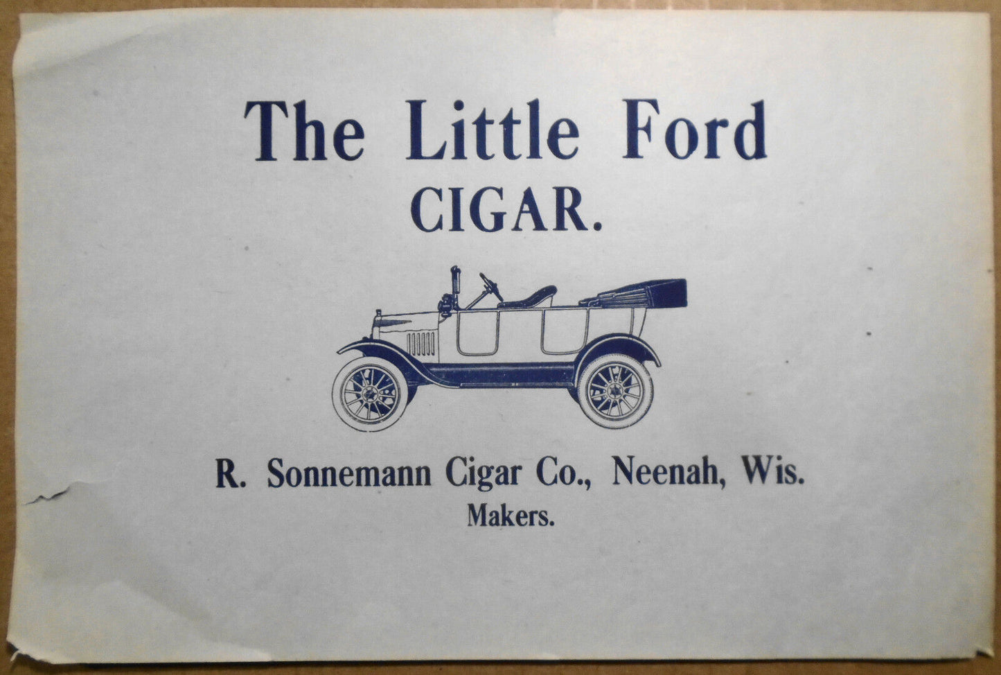 "The Litte Ford Cigar" -  Flyer - R Sonnemann Cigar Co., Neenah WI. 5 X 4 inches