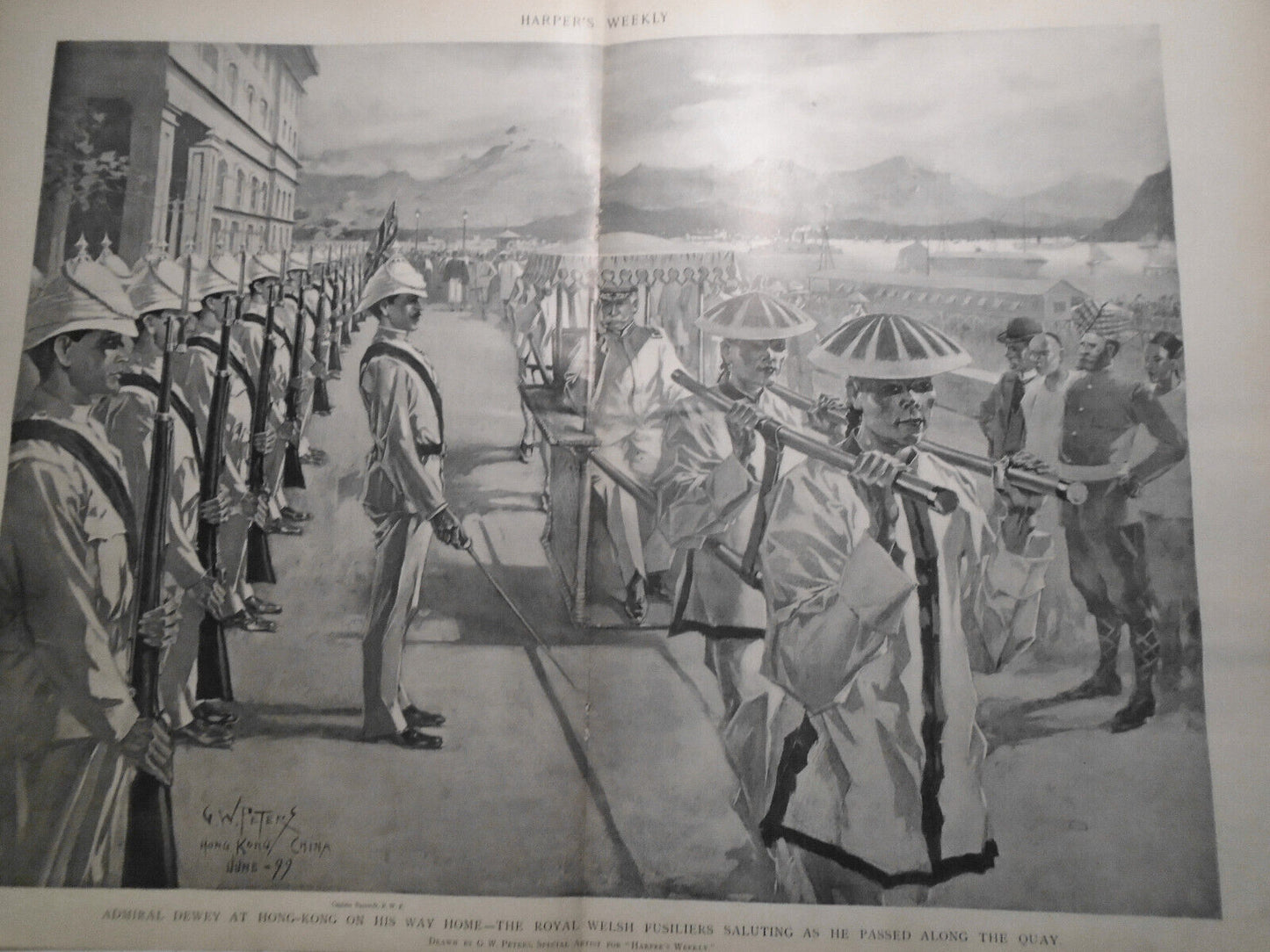 1899 Admiral Dewey at Hong Kong on his way Home - HW Original double page print