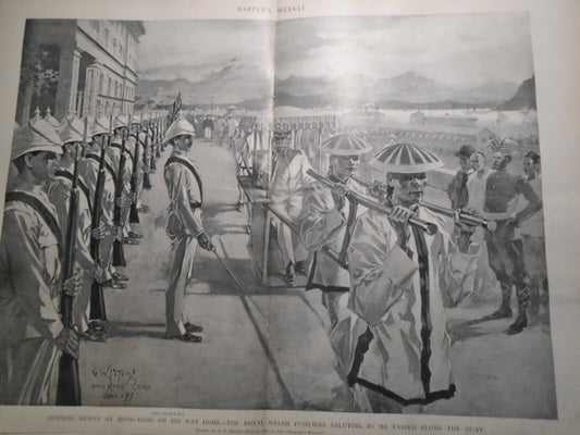 1899 Admiral Dewey at Hong Kong on his way Home - HW Original double page print