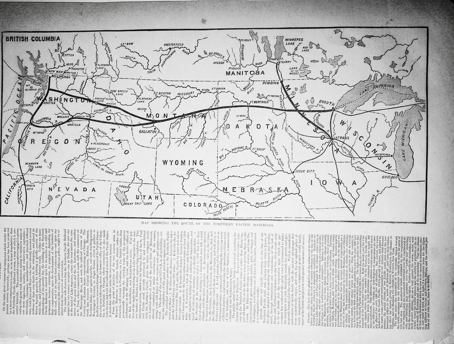 1871 The Northern Pacific Railroad System - story with Map Showing The Route