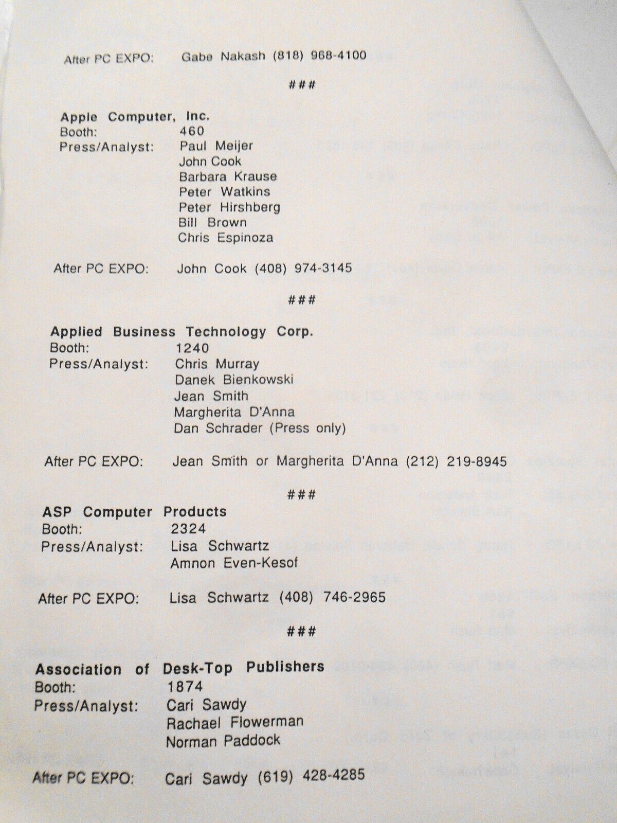 PC EXPO in New York 1990 Press/Analysts contact sheet