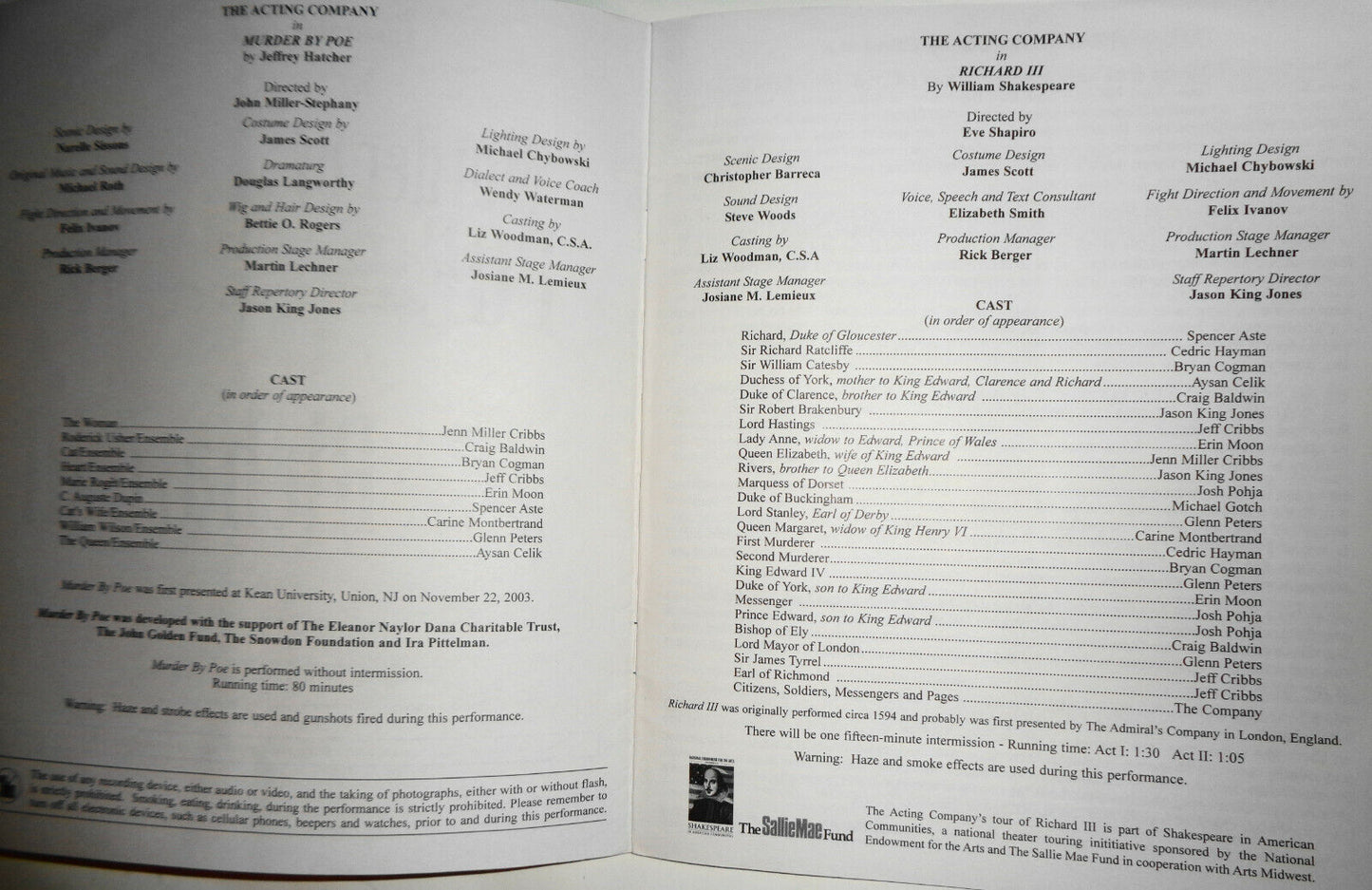 MURDER BY POE / RICHARD III - SOUVENIR PROGRAM - THE ACORN THEATRE, NYC  2004