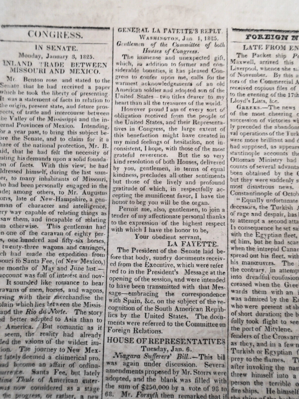 Utica Sentinel, January 18, 1825. General Lafayette Act in Congress & response..