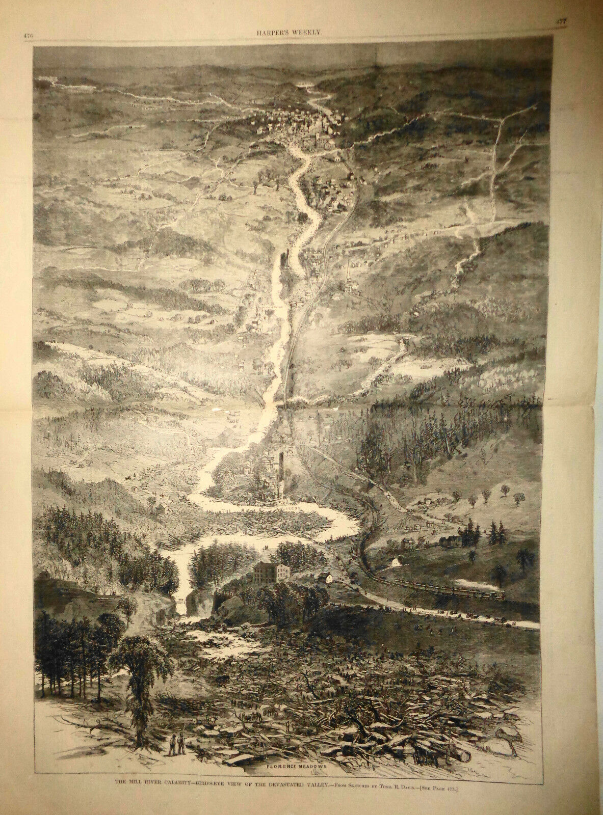 THE MILL RIVER CALAMITY - Bird's-eye view --  Harper's Weekly, June 6, 1874