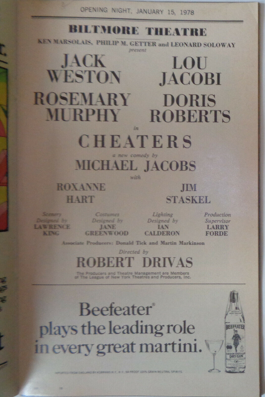 CHEATERS - PLAYBILL - OPENING NIGHT, JANUARY 15, 1978