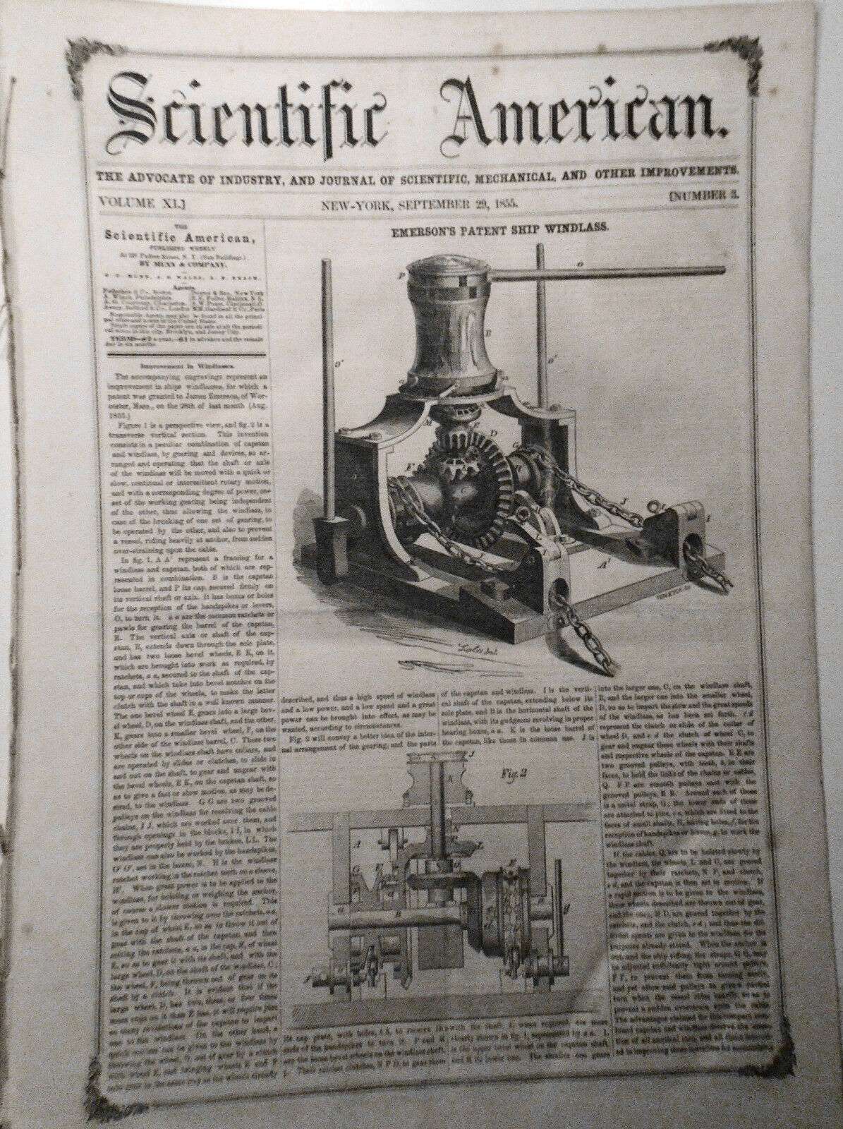 Scientific American September 29, 1855. Telegraph history; windlasses, windmills