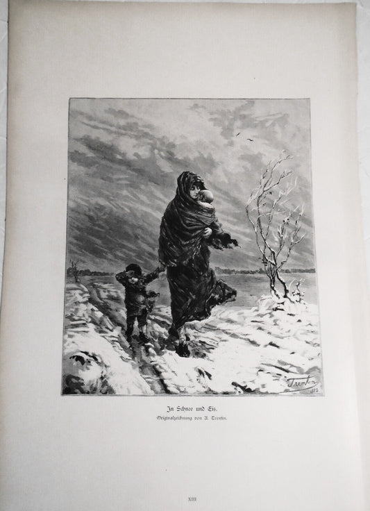 In Schnee und Eis, von A. Trentin  --  1884 Original print