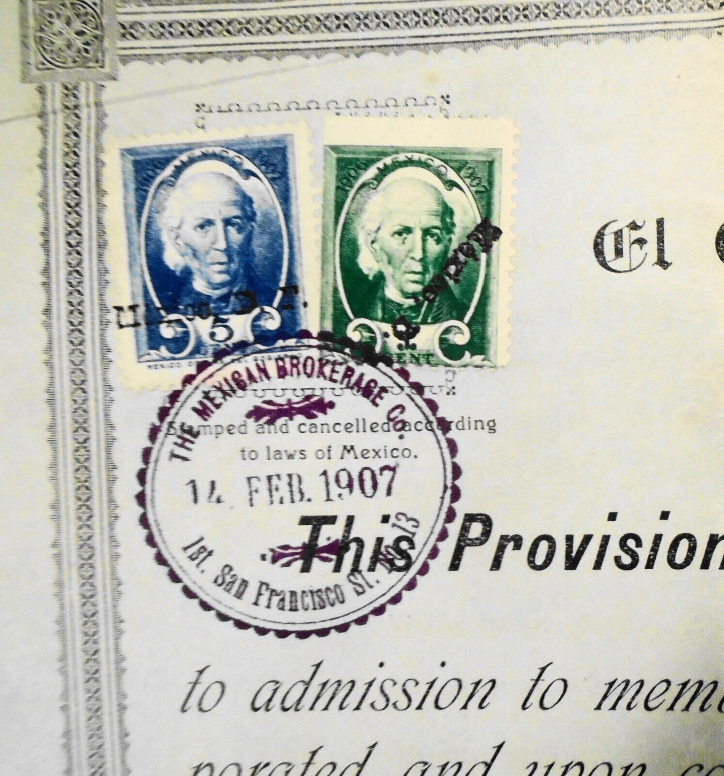 1907 El Chico Mining Association of Mexico Provisional Receipt Stock Certificate