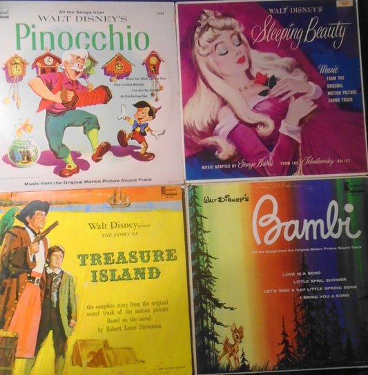 Treasure Island, Sleeping Beauty, Bambi, Pinnochio - Lot of 4 vintage Disney LPs