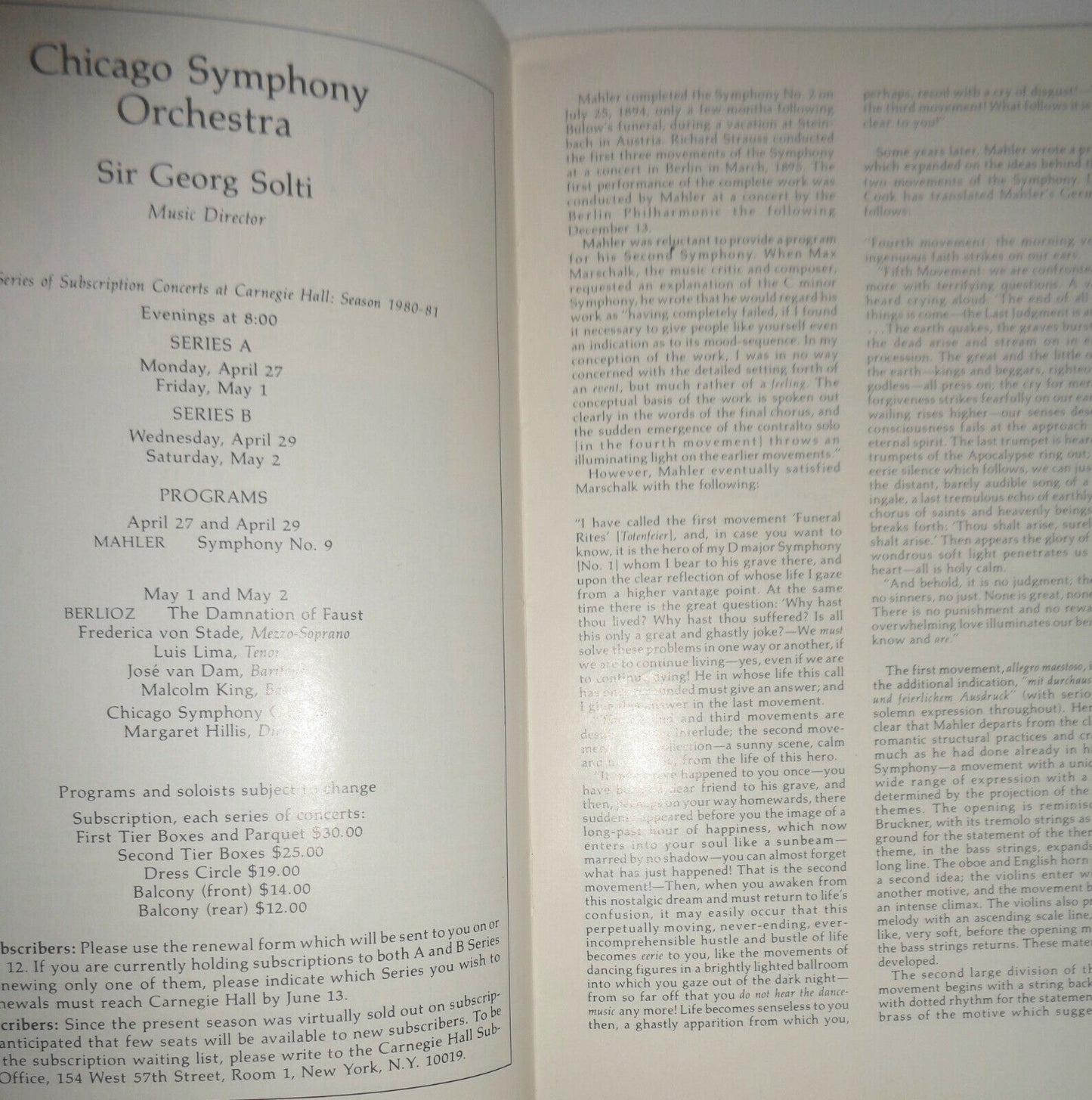 CHICAGO SYMPHONY ORCHESTRA - CARNEGIE HALL STAGEBILL May 2,1980 Christa Ludwig