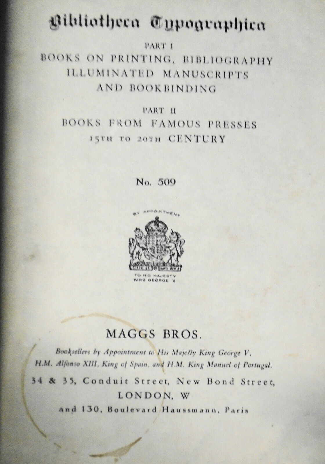 1928 Bibliotheca typographica:  Maggs Bros. Catalog 509