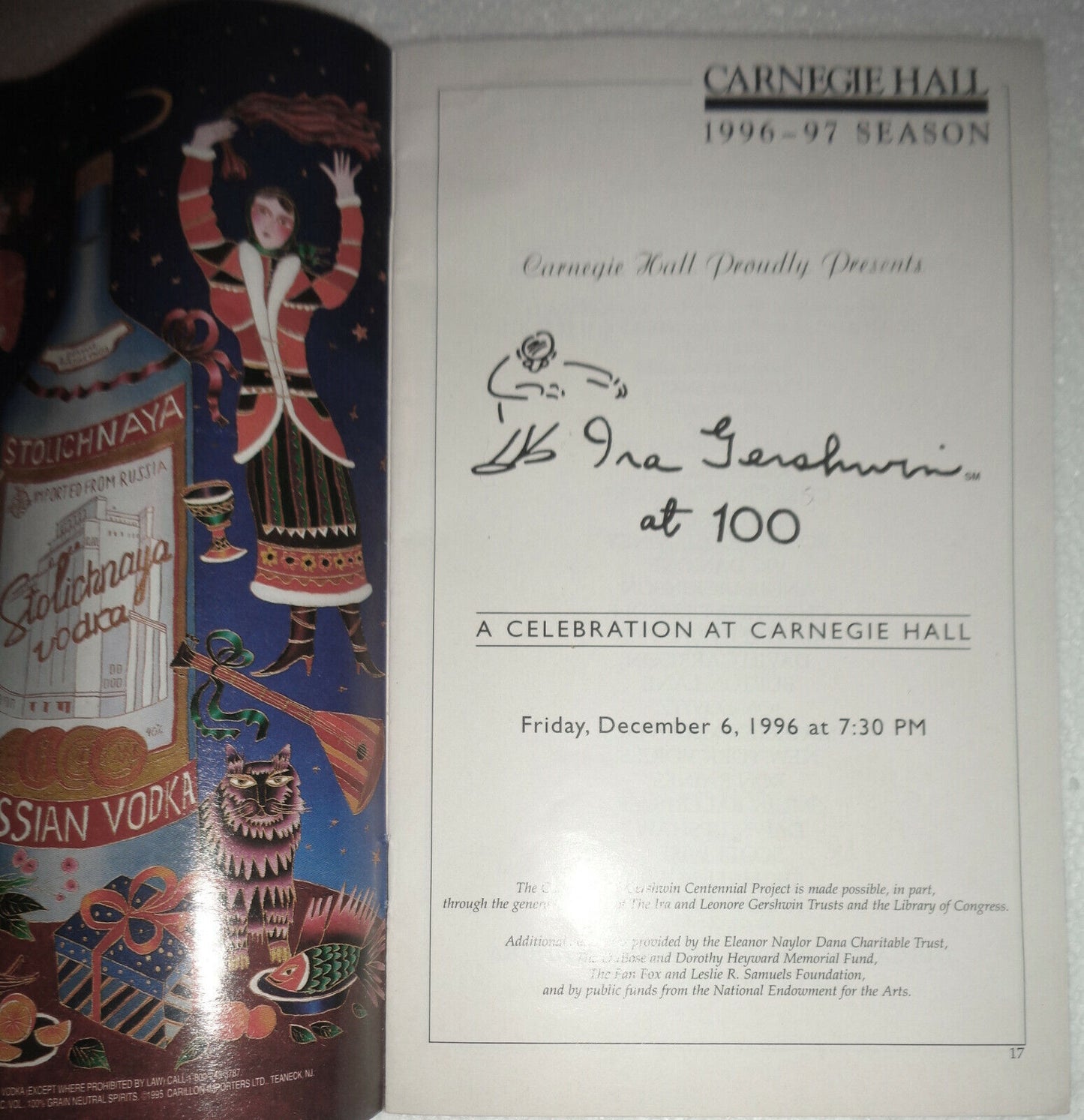 IRA GERSHWIN AT 100 - STAGEBILL & PROGRAM - DEC. 6, 1996 - CARNEGIE HALL