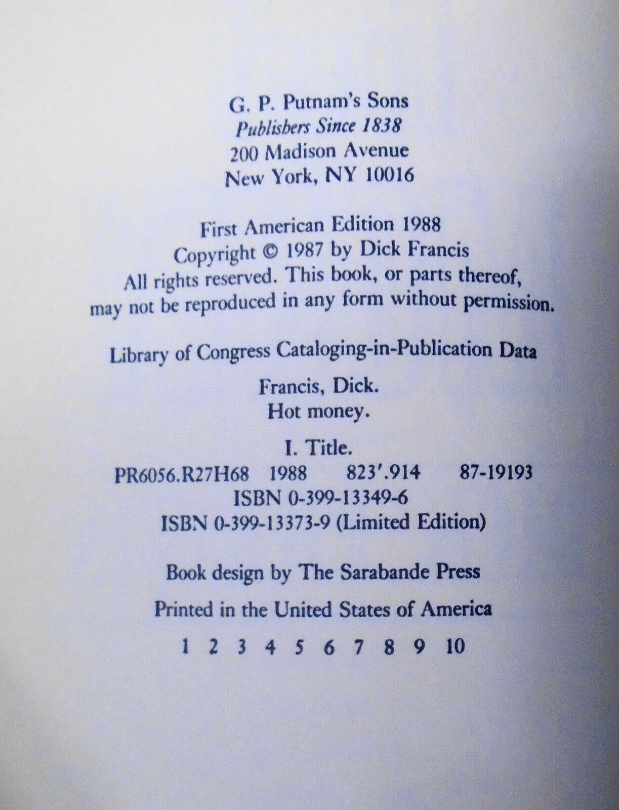 Dick Francis / HOT MONEY Signed 1st Edition 1988 HC/DJ First Printing