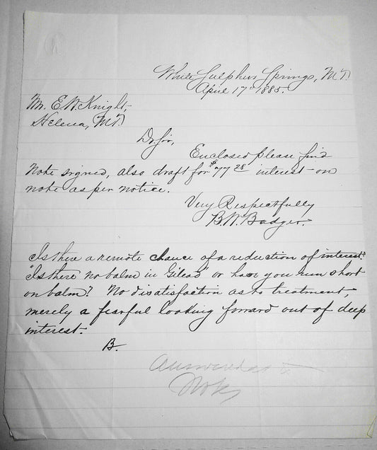 1885 White Sulphur Springs, MT handwritten letter