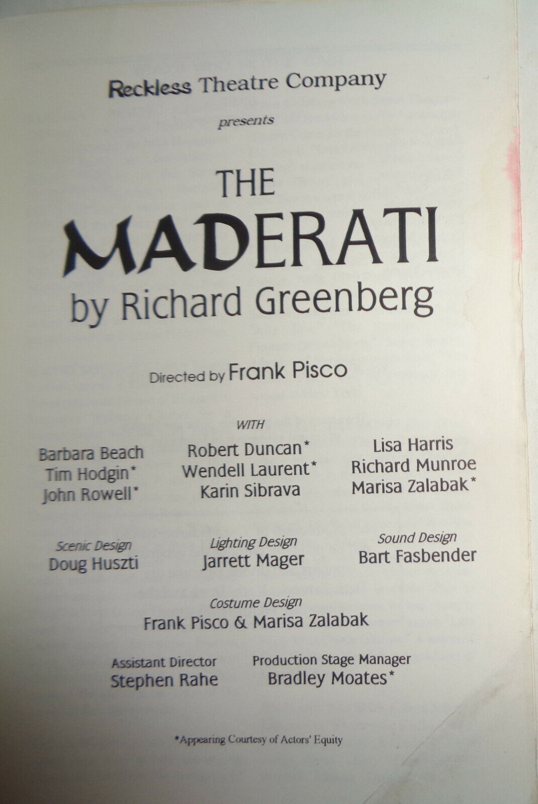 The Maderati - Reckbill [Souvenir Program] - 1995 Reckless Theatre Company, NYC