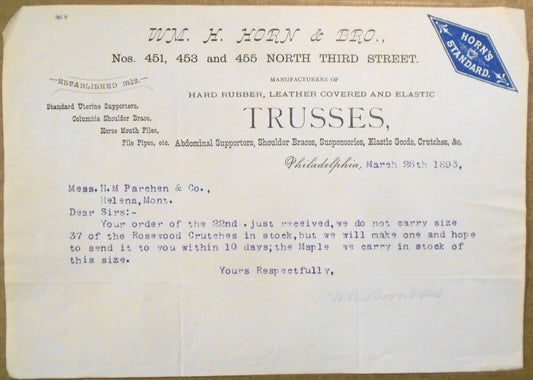 1893 Wm. H. Horn & Bro., Trusses - Original customer letter, Philadelphia, PA
