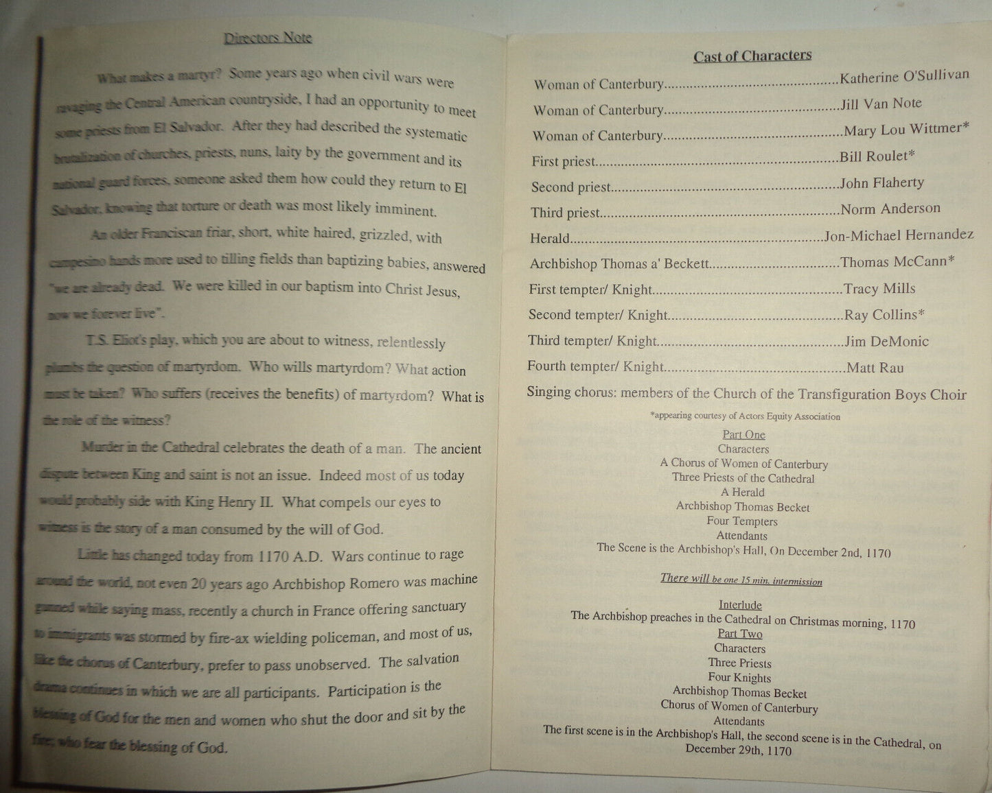 MURDER IN THE CATHEDRAL - Program - 1996 Church Of The Transfiguration, New York