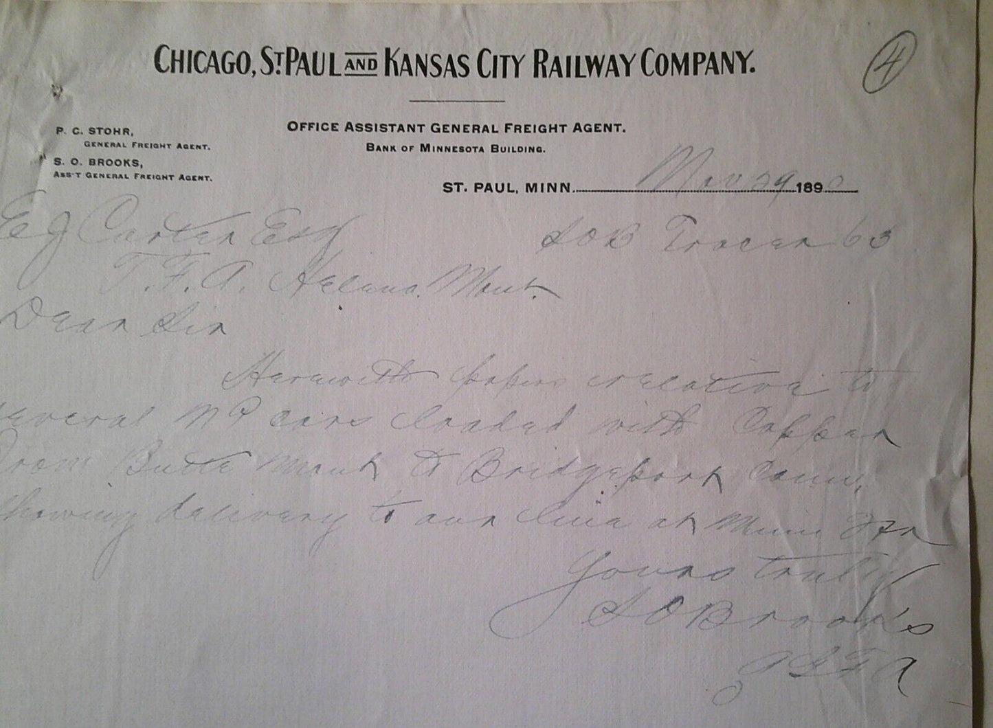 1890 Chicago, St. Paul & Kansas Railway Company note on letterhead