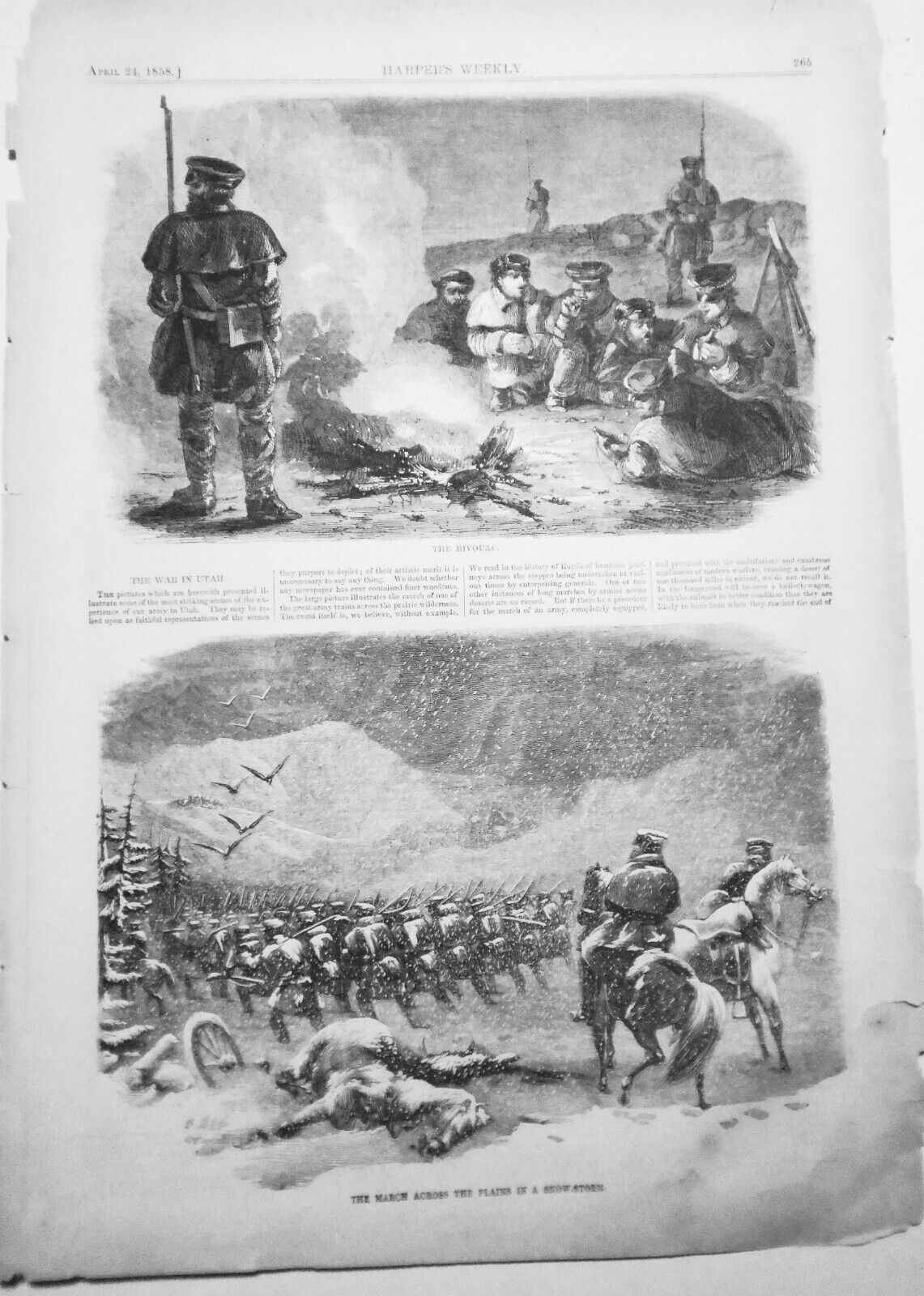 The War In Utah - Harper's Weekly, April 24, 1858 - Original, Story & 2 Prints