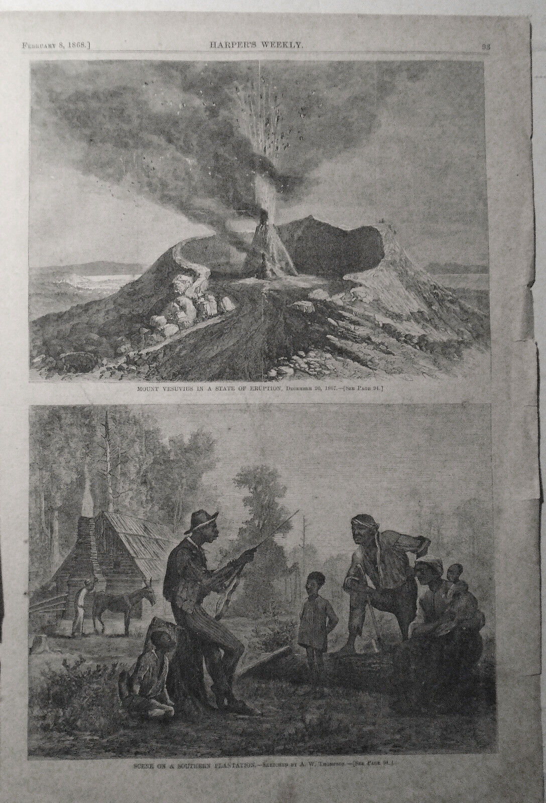 Scene On A Southern Plantation & Mount Vesuvius Eruption - Harper's Weekly, 1868