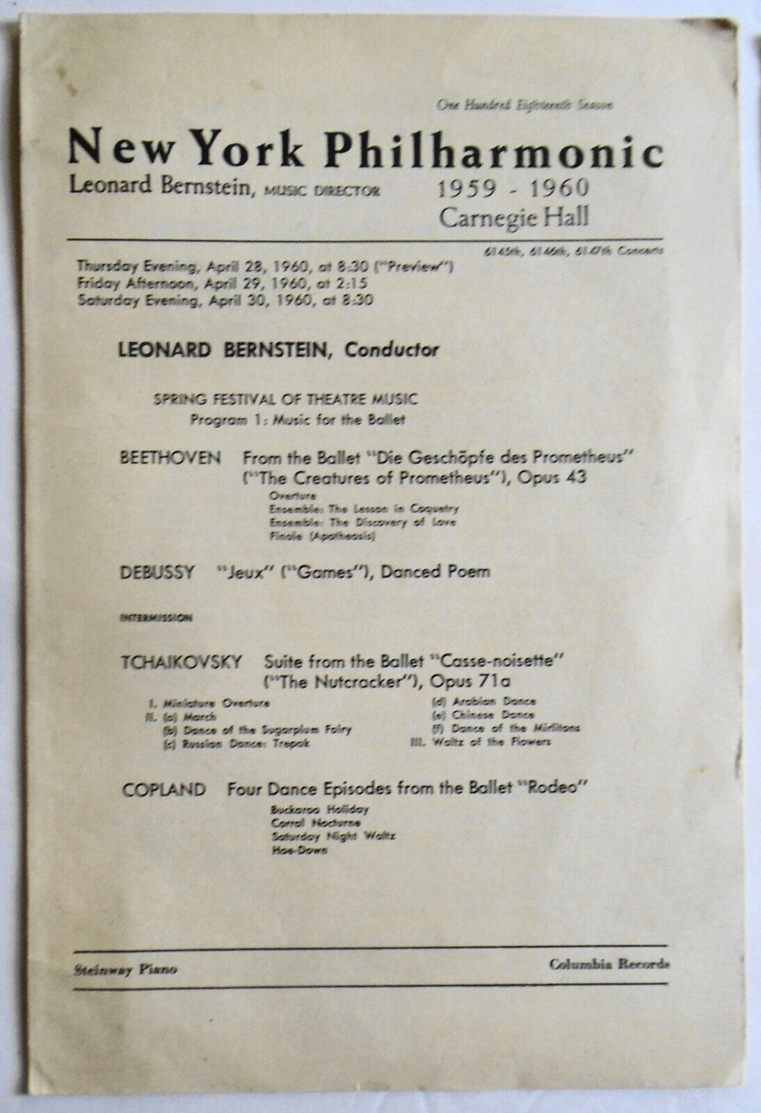 Leonard Bernstein, 3 Programs NY Philharmonic Carnegie Hall 1960 Spring Festival