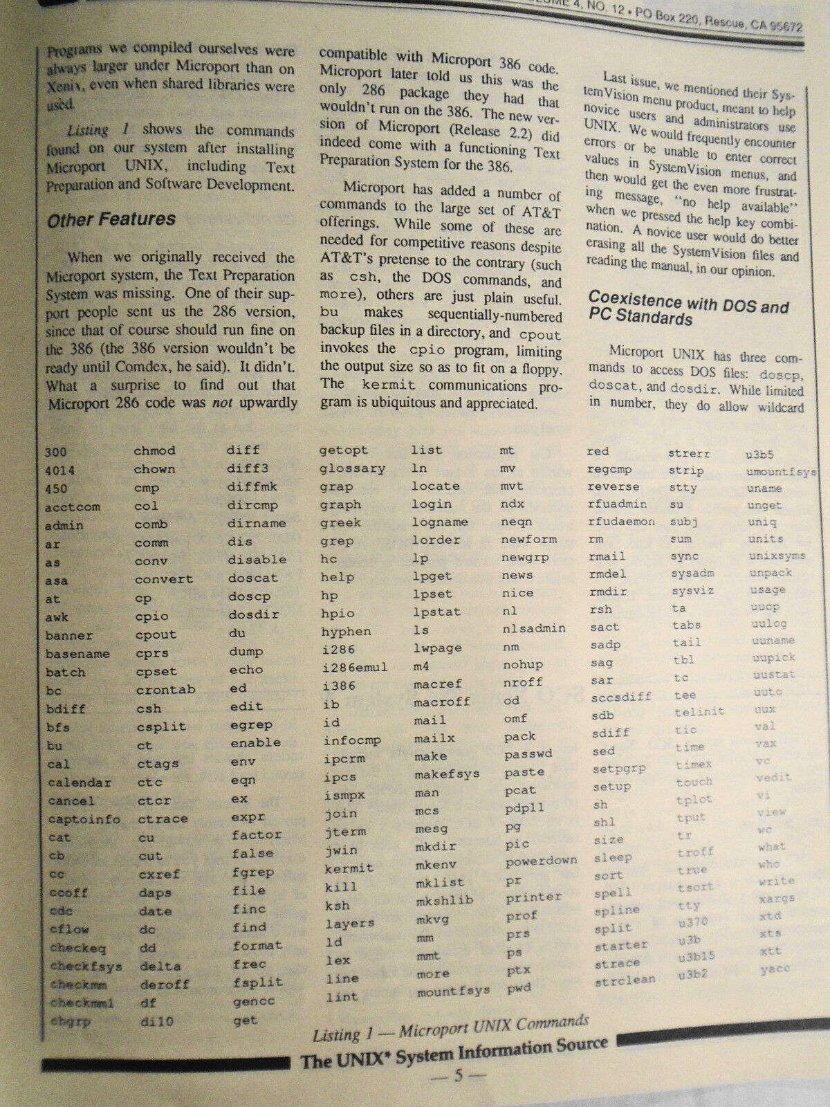 UNIQUE: The UNIX System Information Source  Nov. 1987 - 386 Wars; SCO, Microport