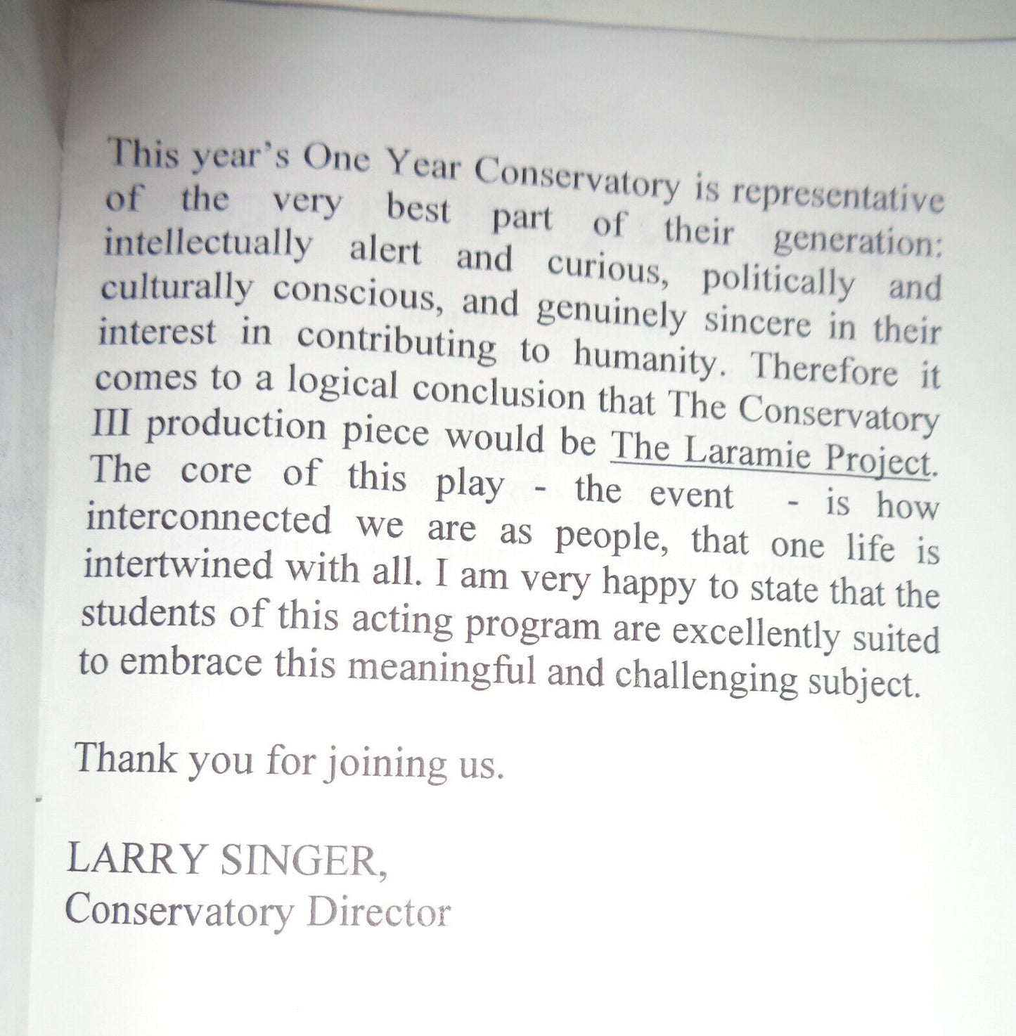 THE LARAMIE PROJECT -  Program - Michael Howard Studios Conservatory Class 2005