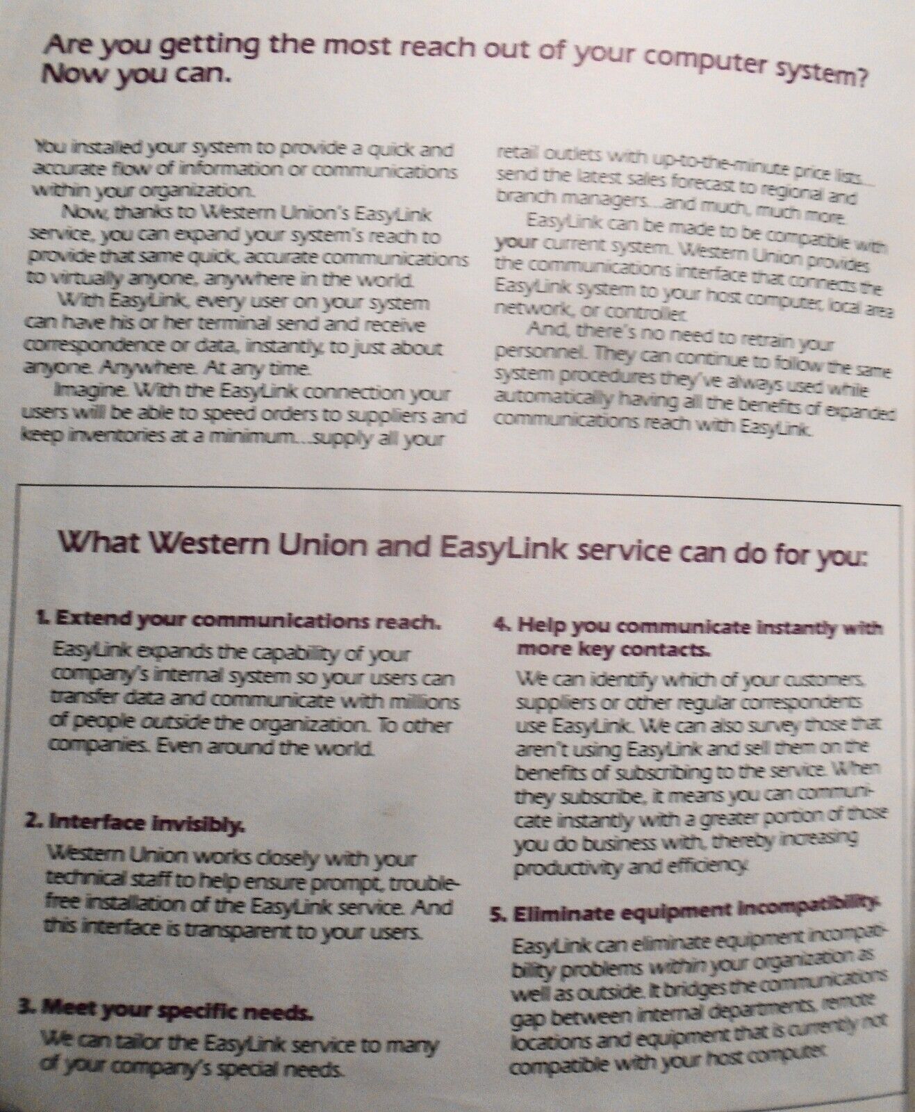 1984 Western Union EasyLink, Electronic Mail, Promo literature; testimonials.