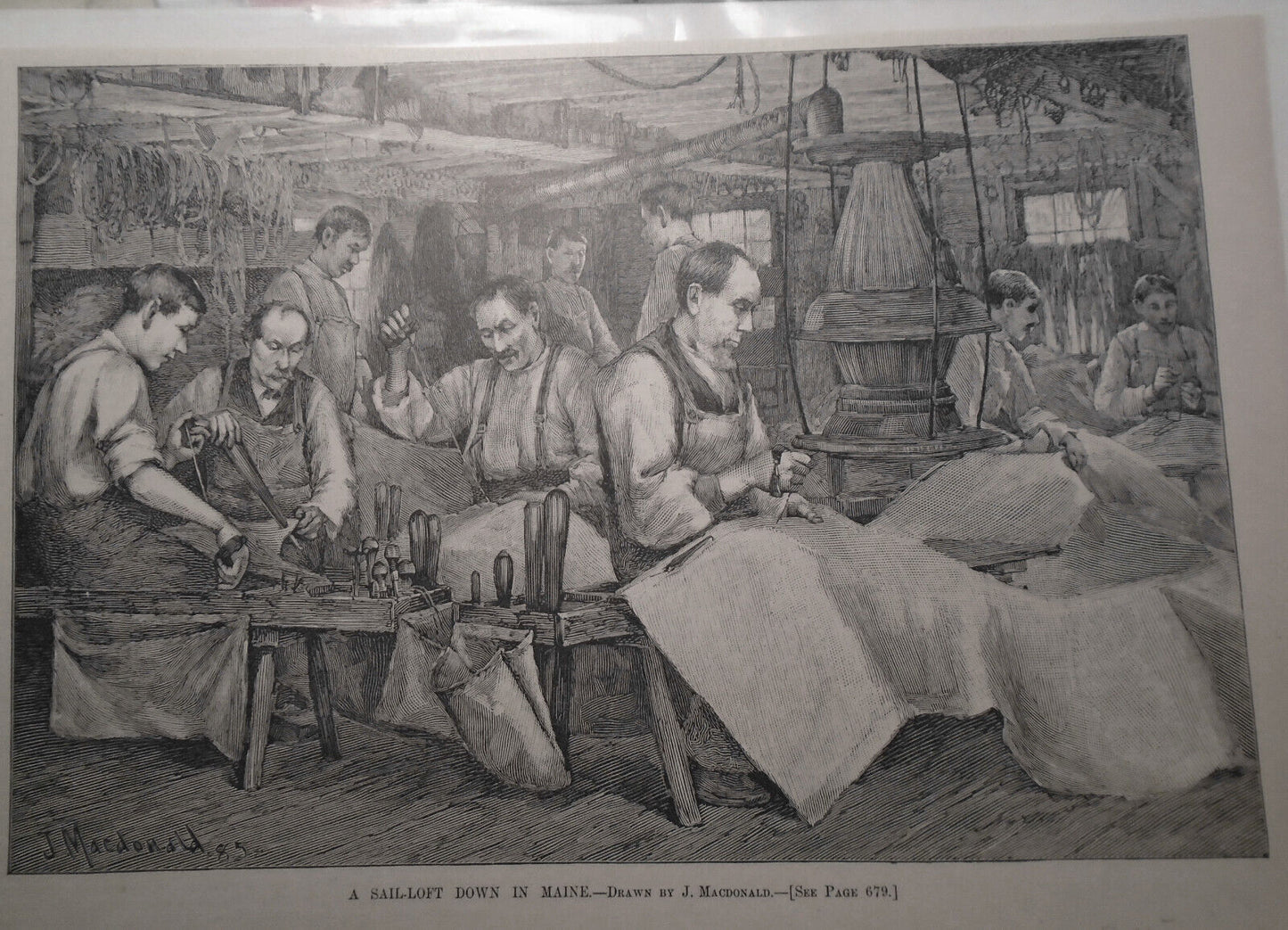 A Sail Loft Down In Maine, by J. Macdonald.  Harper’s Weekly. October, 1885.