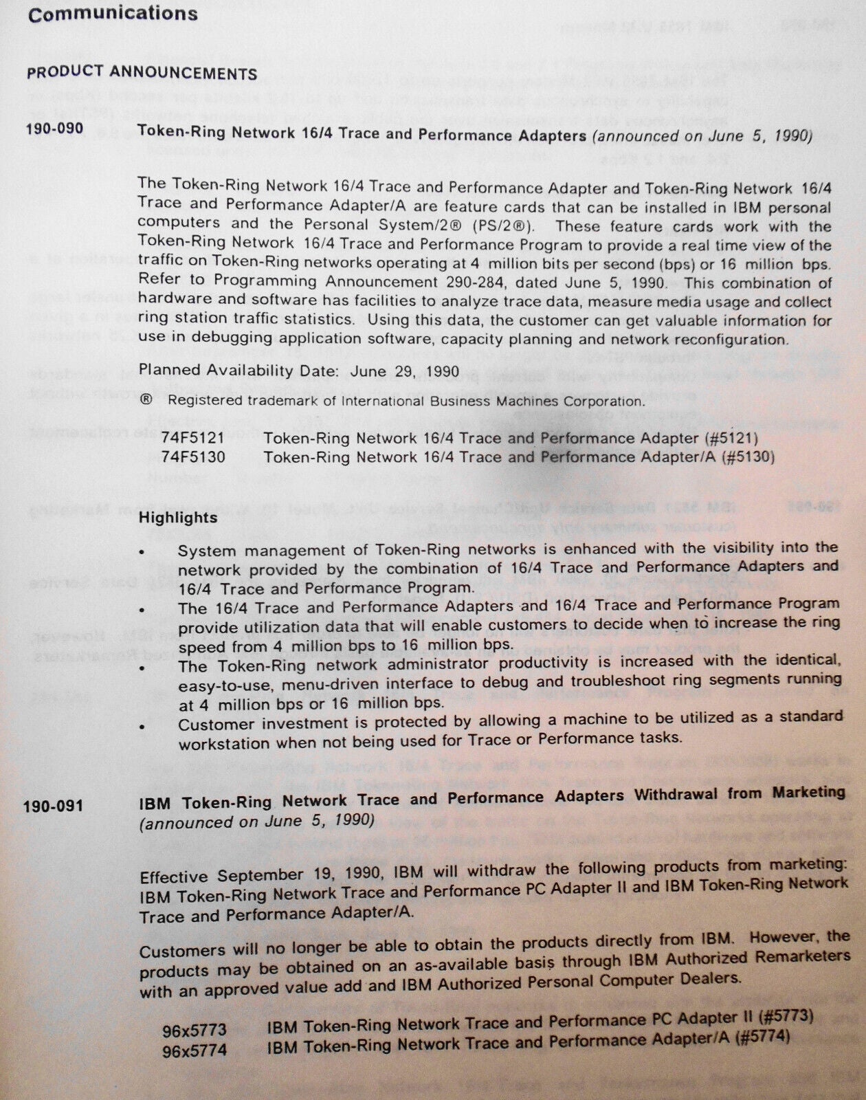 IBM Announcement Letter Summary, June 19, 1990 : System/370; AIX; Token-ring etc